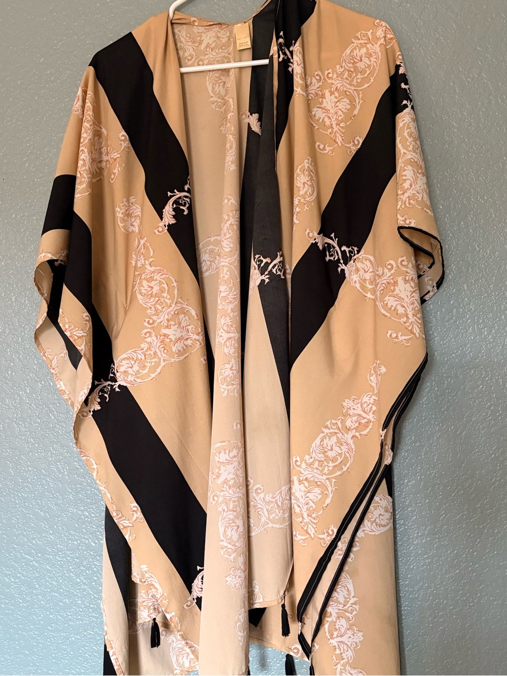 Beige and Black Printed Kimono Robe - Lightweight Draped Cover-Up